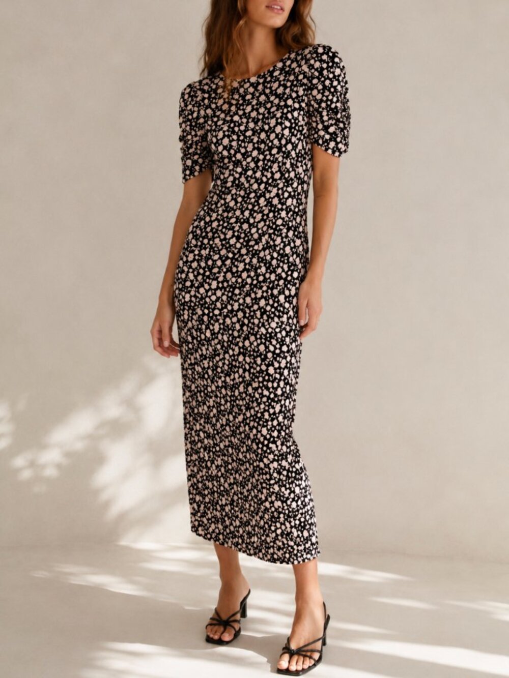 Free People Black & Cream Floral Cutout Back Midi Dress XS